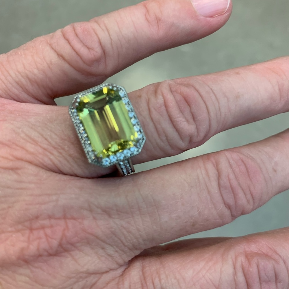 Judith Ripka SS lemon quartz and CZ size 7.75 -8 ring - new